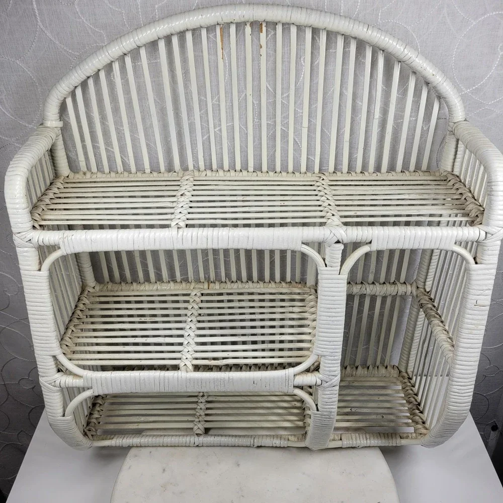 VTG Wrapped Rattan Wicker Shelf White Arched 3 Tier Boho Storage Cabinet